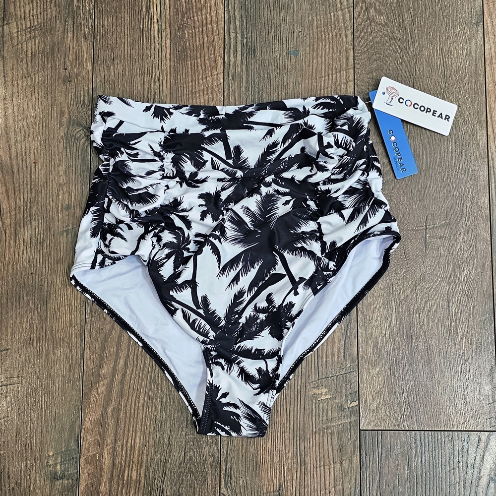 Cocopear Black and White Palm Print High-Waisted Bikini Bottom